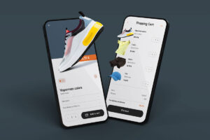 Mobile e-commerce app UI showing sportswear shopping experience with floating product visuals including sneakers, t-shirt, shorts, and cap on modern smartphone screens